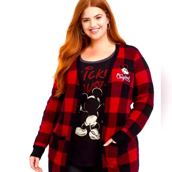TORRID DISNEY Red & Black Buffalo Plaid Mickey Mouse Cardigan Plus Size - Picture 1 of 7